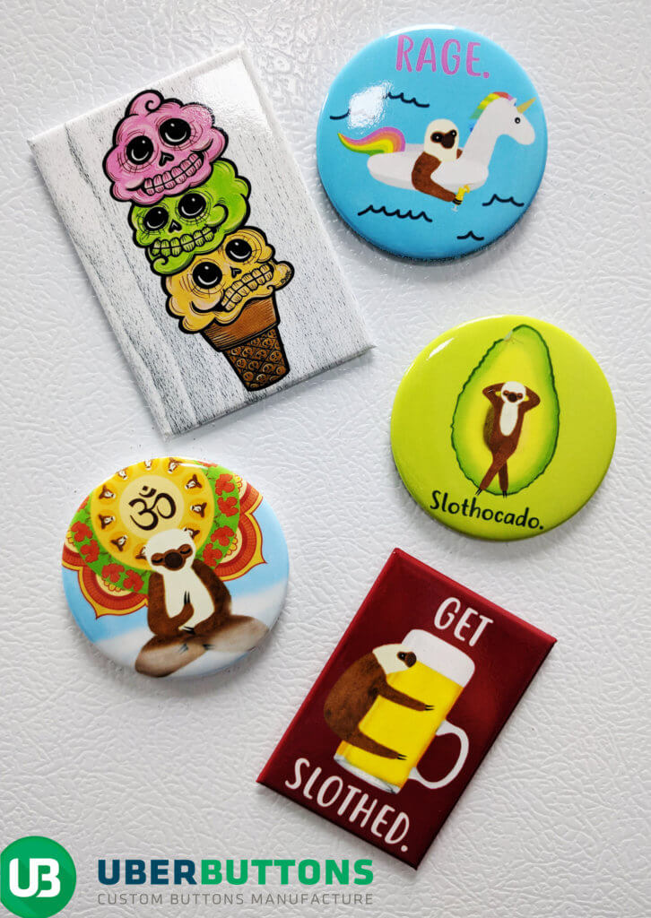 4 fridge magnets featuring sloths and skull ice cream cones on a fridge